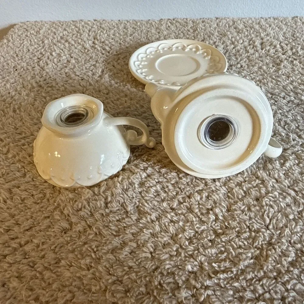 Fine Porcelain Teapot Salt & Pepper Shaker w Saucer Embossed Fleur-de-lis 4”